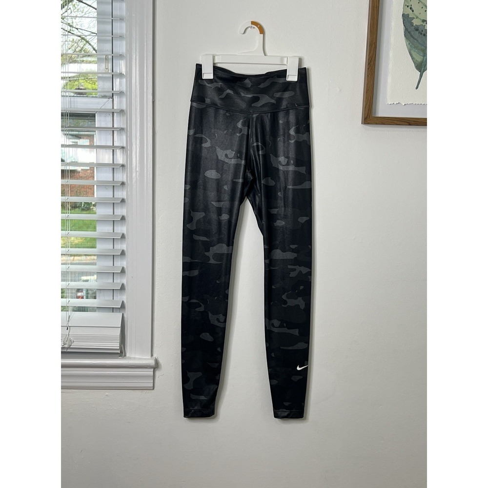 Nike One Training Shiny Black Camo‎ Leggings Mid-rise Tight Fit Pant DD4559 XS